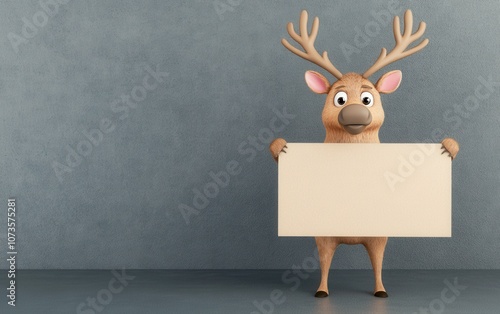 Playful cartoon deer holds blank sign for creative projects and marketing needs photo