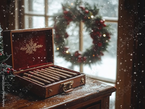 A cozy winter scene with a box of cigars on a wooden table, snow falling outside and a festive wreath in the window.