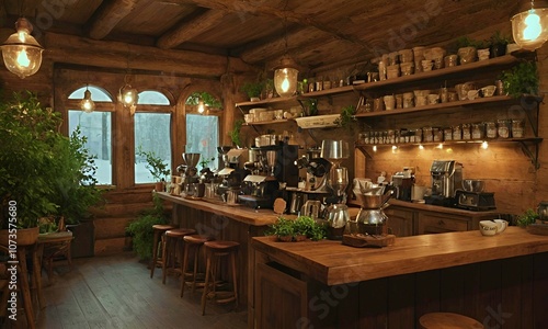 stylish cozy coffee shop in vintage wooden style