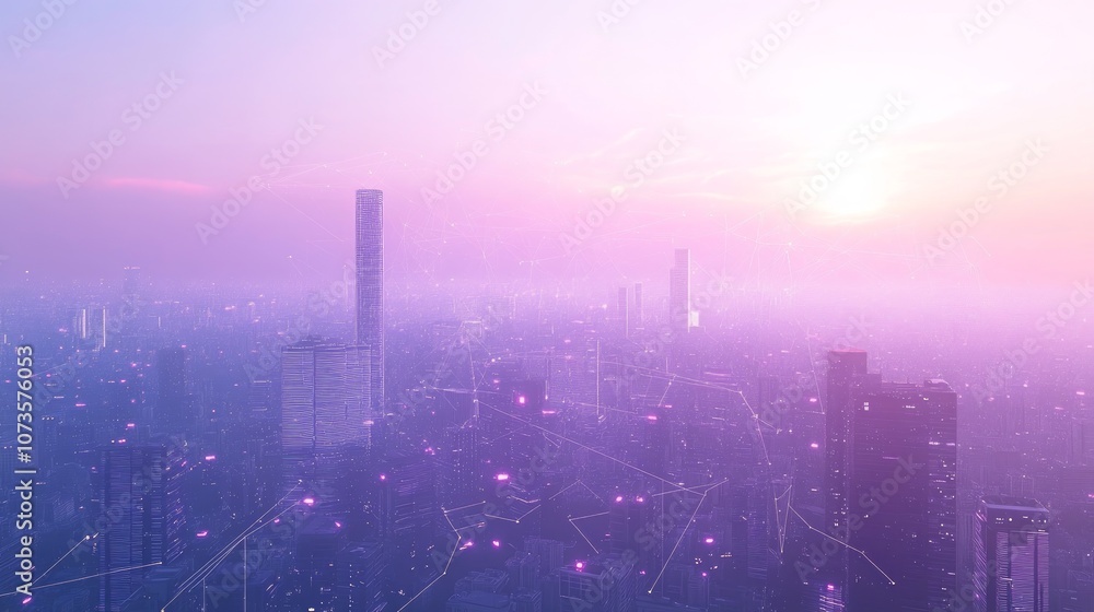 A soft-focus view of a city skyline at sunrise with glowing network lines connecting buildings. A soft-focus view of a city skyline at sunrise with glowing network lines connecting buildings.