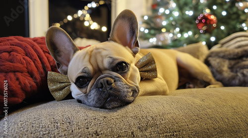 French bulldog, wearing a Christmas bow tie, lying on a couch