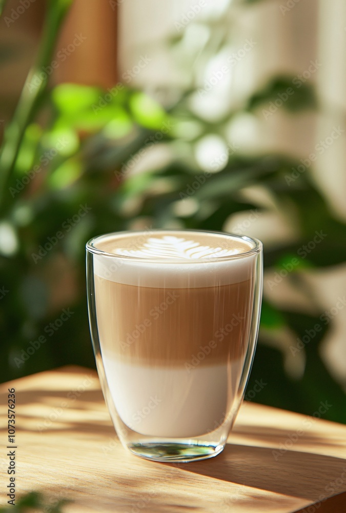 Latte Art in Glass on Wooden Table Latte Art in Glass on Wooden Table