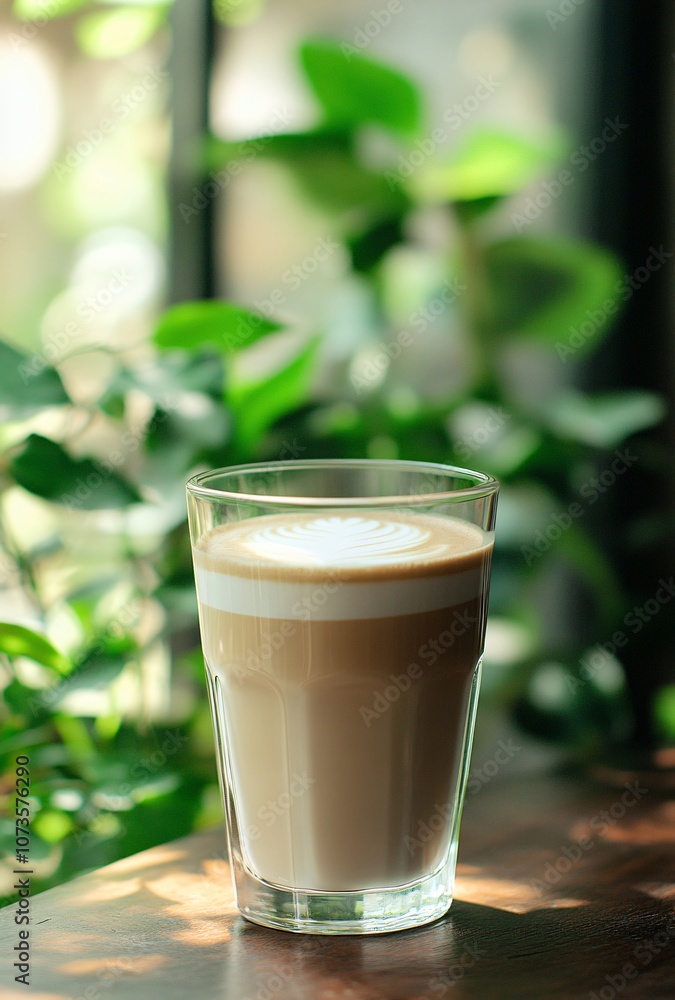 Overhead View of Latte Coffee with Green Plants Overhead View of Latte Coffee with Green Plants