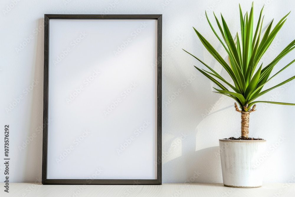 Black frame adjacent to potted plant in minimalist bright setting. Black frame adjacent to potted plant in minimalist bright setting.