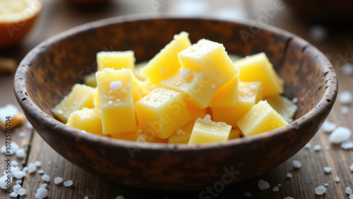 A bowl filled with chunky pieces of beef tallow. photo