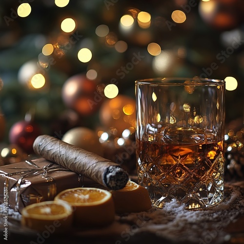 A cozy winter scene with a glass of whiskey, a cigar, and festive holiday decorations. Warm lights create a relaxing and luxurious atmosphere. photo