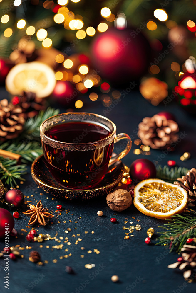A cozy cup of dark tea surrounded by festive decorations, including pine cones, dried citrus, red ornaments, and sparkling lights for a warm holiday ambiance. A cozy cup of dark tea surrounded by festive decorations, including pine cones, dried citrus, red ornaments, and sparkling lights for a warm holiday ambiance.