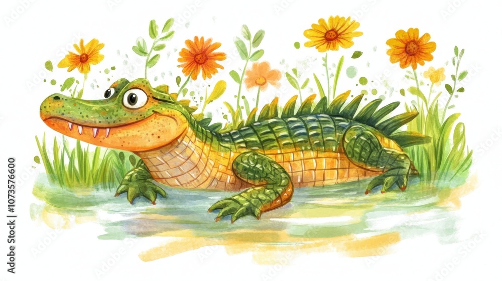 Obraz premium Watercolor illustration of cheerful alligator with flowers, symbolizing nature and playfulness 