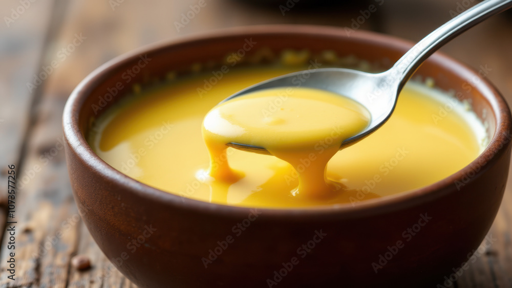 A spoonful of yellow sauce being poured into a bowl from a jar. A spoonful of yellow sauce being poured into a bowl from a jar.