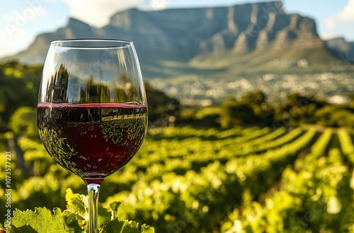 Red Wine Glass with Table Mountain Vineyard View