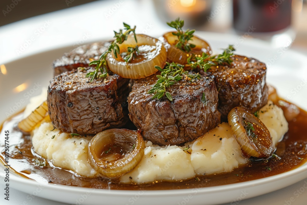 Mashed potatoes topped with beef chunks and caramelized onions. Mashed potatoes topped with beef chunks and caramelized onions.