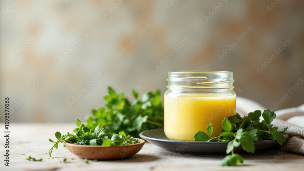 A jar of beef tallow on a rustic wooden surface with fresh herbs around it. A jar of beef tallow on a rustic wooden surface with fresh herbs around it.