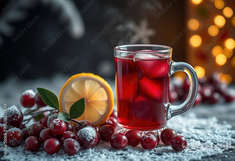 Warm Winter Drink with Lemon and Cranberries Festive Holiday Beverage Warm Winter Drink with Lemon and Cranberries Festive Holiday Beverage