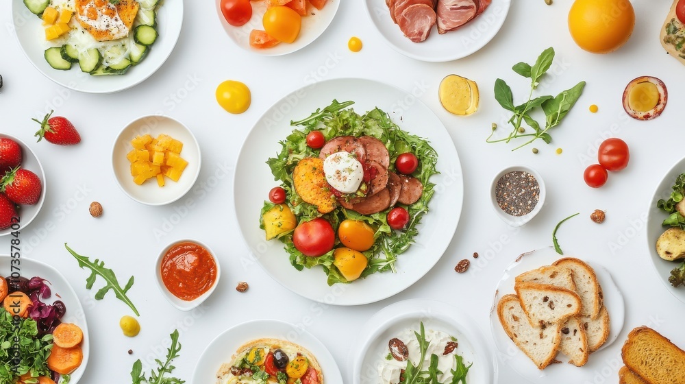 Many different healthy food on white table, flat lay Many different healthy food on white table, flat lay