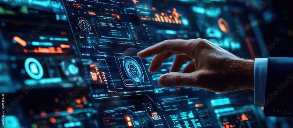 A hand interacting with a futuristic digital interface displaying data and security elements. A hand interacting with a futuristic digital interface displaying data and security elements.