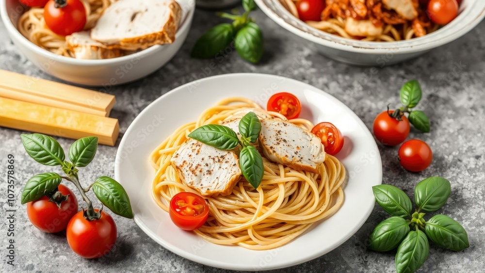 Delicious Spaghetti with Chicken, Tomatoes, and Basil - Perfect for a Cozy Dinner or Lunch Delicious Spaghetti with Chicken, Tomatoes, and Basil - Perfect for a Cozy Dinner or Lunch