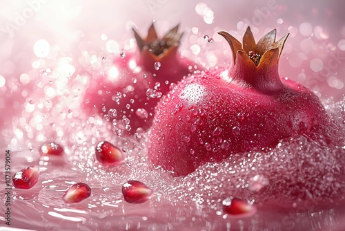 Red pomegranates with droplets, half-submerged in water. photo