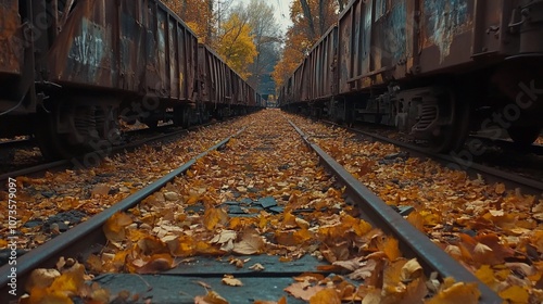 A low-angle view of two sets of train tracks covered in fallen leaves, with old, rusty train cars on either side. photo