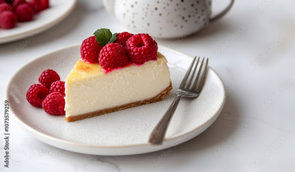 a piece of cheesecake on a plate, decorated with fresh raspberries on top, light background, breakfast, no people, a piece of cheesecake on a plate, decorated with fresh raspberries on top, light background, breakfast, no people,