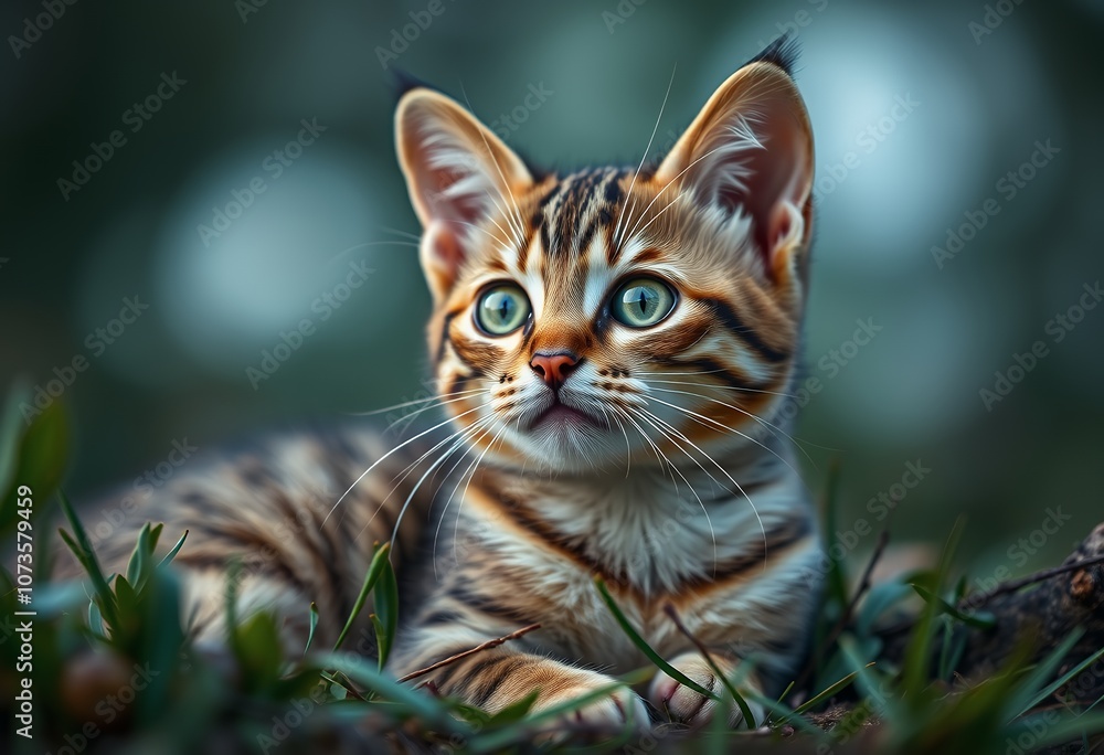 Adorable Tabby Kitten with Green Eyes Looking Up in Grass Adorable Tabby Kitten with Green Eyes Looking Up in Grass