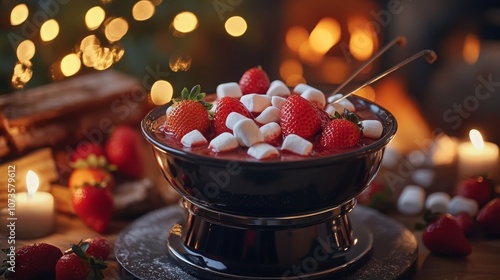 Festive strawberry fondue with marshmallows by the fireplace