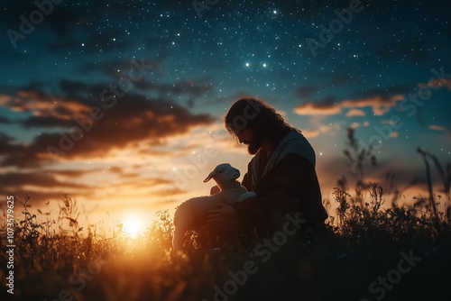 A shepherd cradling a lamb in his arms under a star-filled sky, symbolizing Jesus as the Good Shepherd. Soft moonlight bathes the scene, portraying care and protection