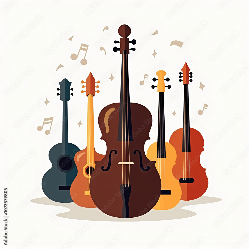 Naklejka premium A vibrant collection of beautifully crafted musical instruments including guitars, violins, and a cello, surrounded by floating musical notes that celebrate the joy and harmony of music and creativity