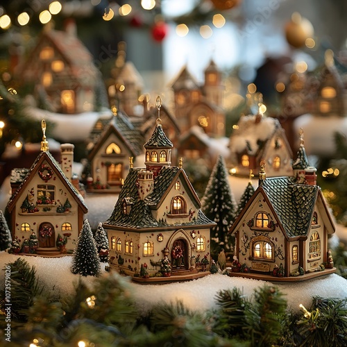 Charming miniature village with festive lights and snow, creating a cozy holiday atmosphere. photo