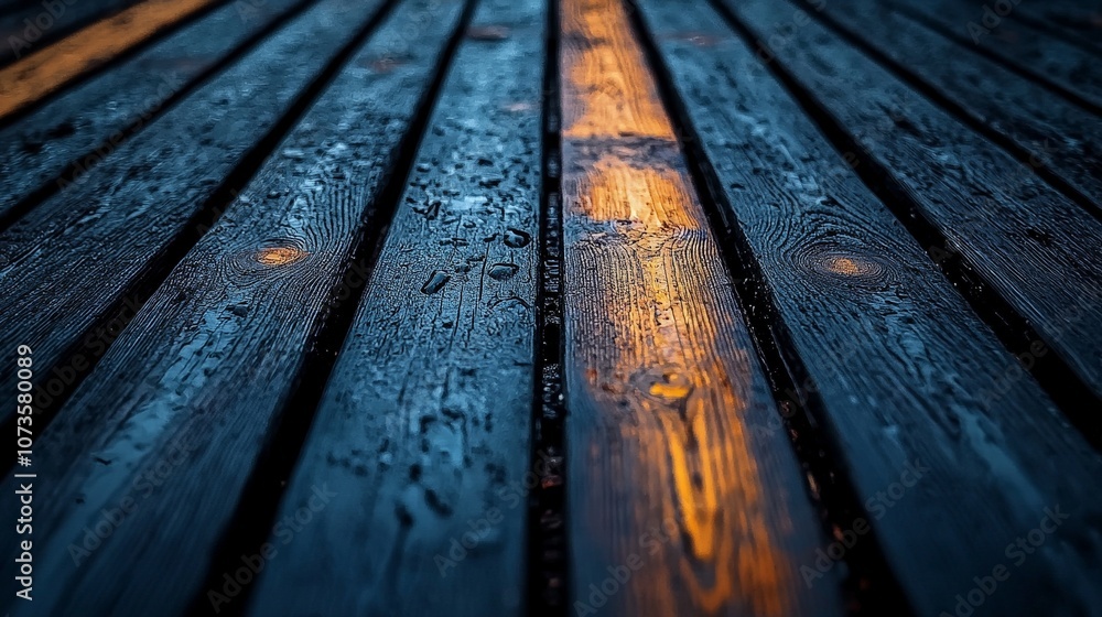 A close-up view of wet wooden planks reflecting light, creating a serene atmosphere. A close-up view of wet wooden planks reflecting light, creating a serene atmosphere.