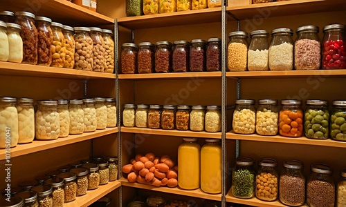 Home food storage room. Various jars with Home Canning Fruits and Vegetables jam on shelves