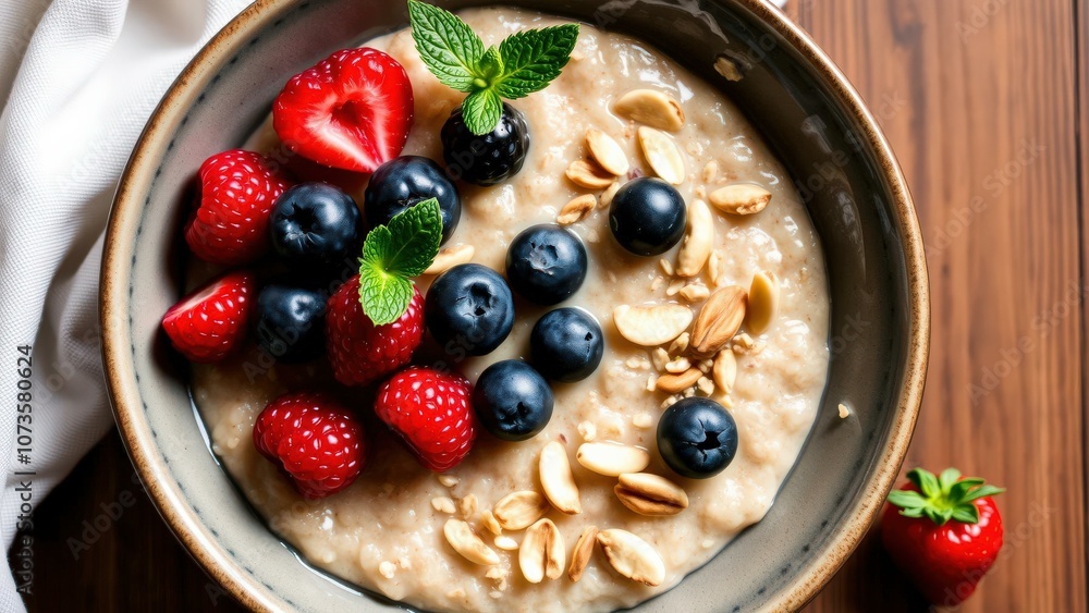 Start Your Day Right with This Delicious and Nutritious Breakfast Bowl of Oats, Berries, and Almonds - Perfect for a Healthy Morning Meal Start Your Day Right with This Delicious and Nutritious Breakfast Bowl of Oats, Berries, and Almonds - Perfect for a Healthy Morning Meal