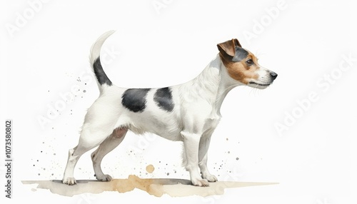 A detailed watercolor sketch of a playful dog standing proudly with a blurred background, showcasing its unique markings in a lively and artistic manner