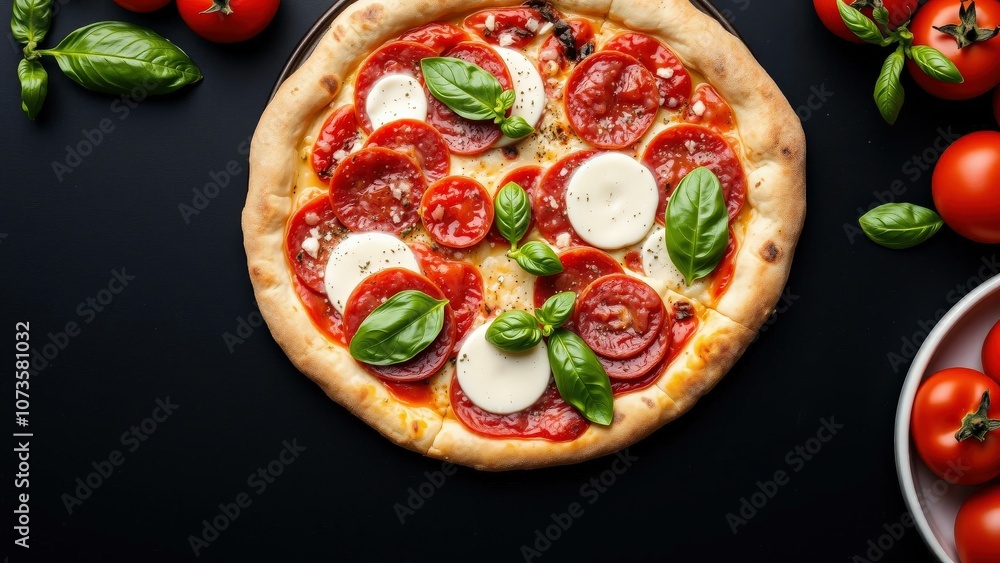 Freshly Baked Pepperoni and Mozzarella Pizza with Basil Leaves, Perfect for a Delicious Meal Freshly Baked Pepperoni and Mozzarella Pizza with Basil Leaves, Perfect for a Delicious Meal