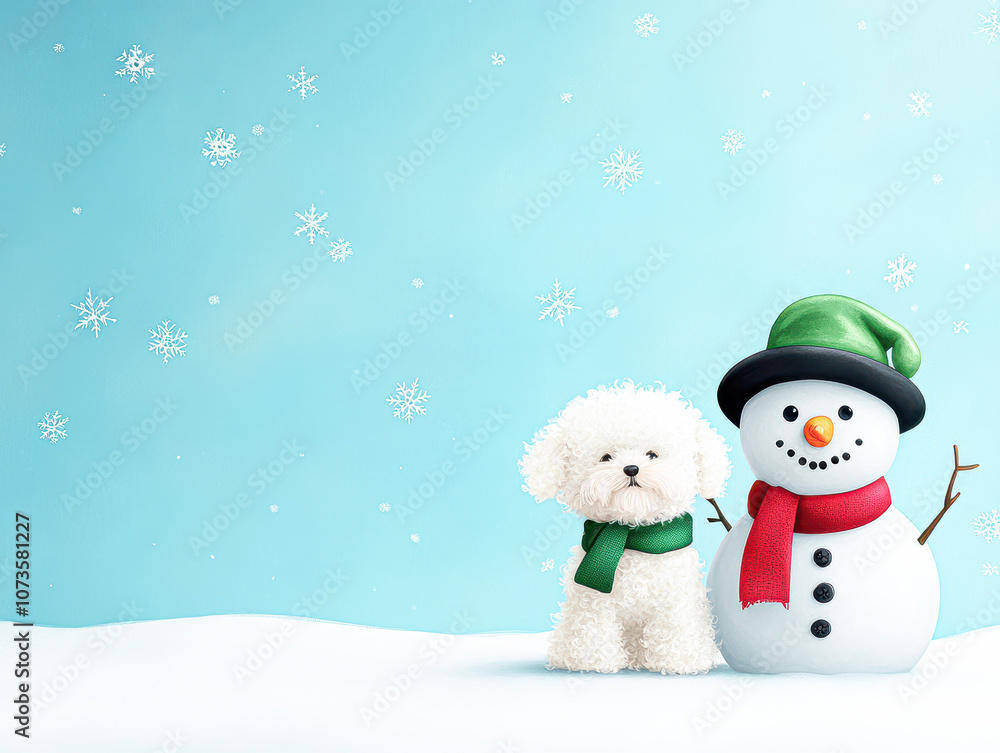 A white dog and a snowman are standing on a snowy background A white dog and a snowman are standing on a snowy background
