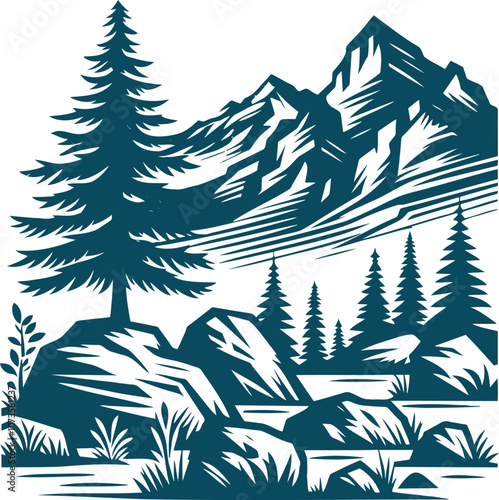 Serene Mountain Landscape in Linocut Style simple minimalistic drawing