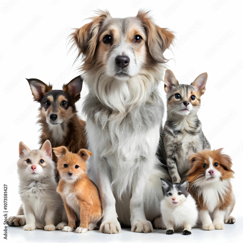 Obraz premium A cheerful gathering of various pets posing together in front of a white background.