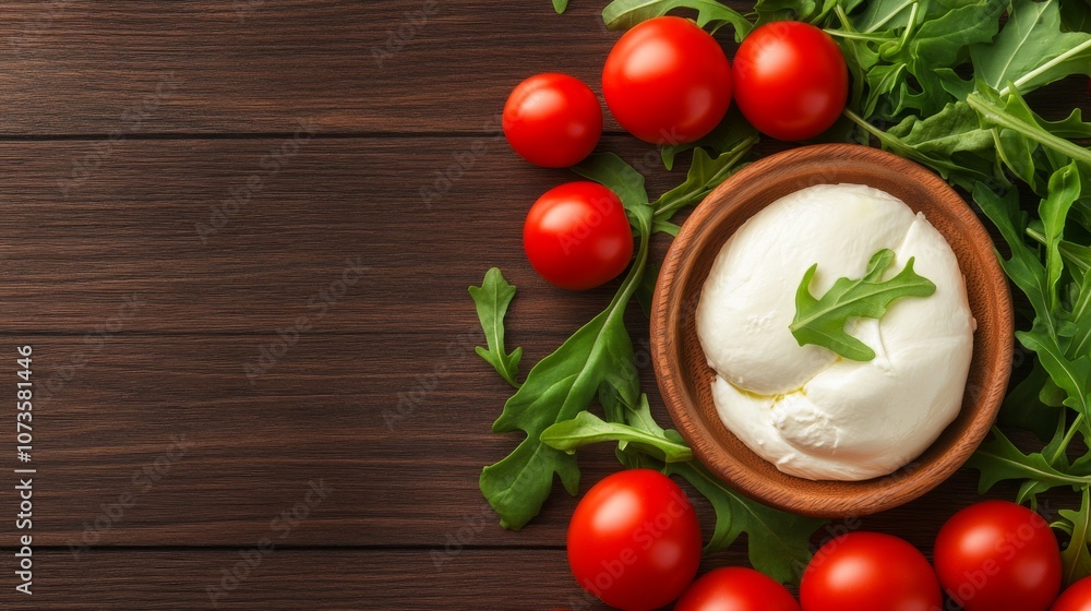 Fresh mozzarella with cherry tomatoes and arugula on wooden table Fresh mozzarella with cherry tomatoes and arugula on wooden table