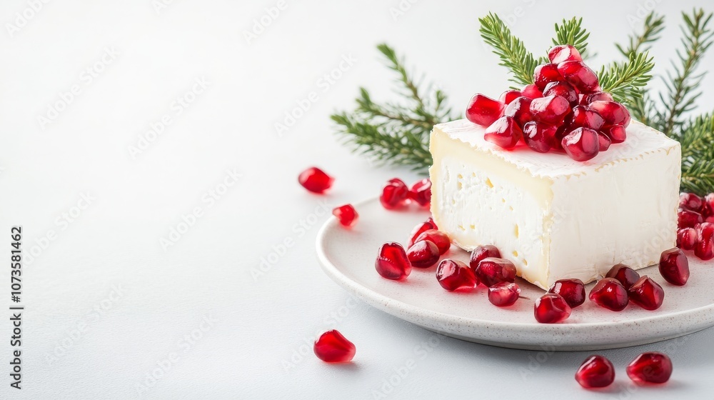 Creamy cheese topped with pomegranate seeds and greenery Creamy cheese topped with pomegranate seeds and greenery