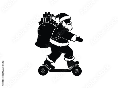 Santa Balancing on Hoverboard with Gifts Silhouette - Christmas Ride Fun
