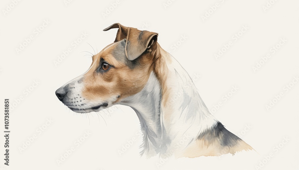 A detailed watercolor sketch capturing the profile of a dog with soft fur and expressive eyes against a light background, offering ample copyspace for text A detailed watercolor sketch capturing the profile of a dog with soft fur and expressive eyes against a light background, offering ample copyspace for text