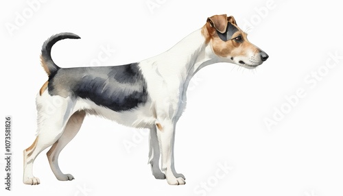 A watercolor sketch of a playful dog standing proudly against a clean, white background, showcasing its endearing features and vibrant colors, perfect for art enthusiasts and animal lovers alike photo