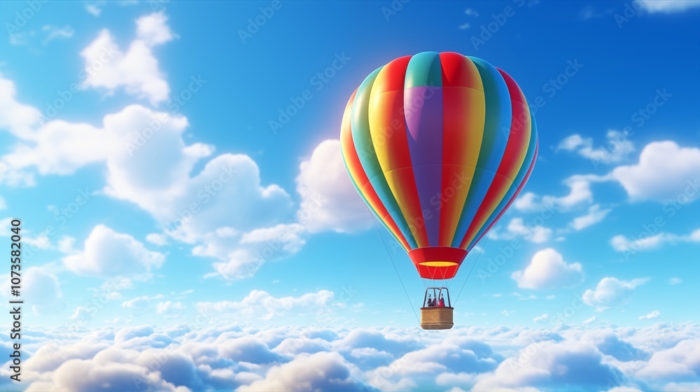Naklejka premium A colorful hot air balloon rising into a clear blue sky, surrounded by fluffy white clouds.generative ai illustration