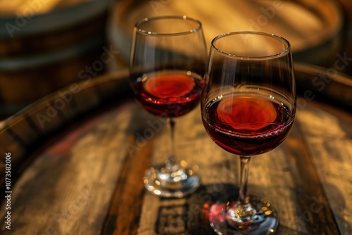 Glasses of red wine on barrel in cellar. Taste on winery. Two wineglasses on rustic oak wine barrel. Winemaking. Tuscany. Bordeaux. Merlot photo