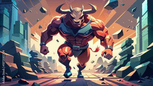 a cyborg bull, muscular, strong, healthy, cyborg elements texture of skin resembling, galloping, stones fragments spraying from under its hooves, a bull emerging from the highway stones, a very dynami