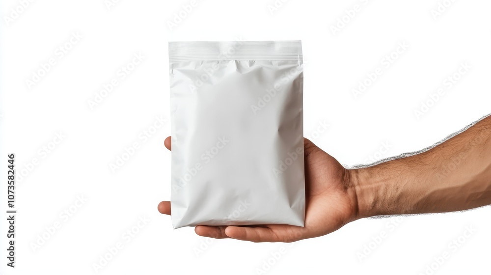 A close-up image of a hand holding a white sealed packet against a plain background, emphasizing the minimalist design and versatility of the packaging. A close-up image of a hand holding a white sealed packet against a plain background, emphasizing the minimalist design and versatility of the packaging.