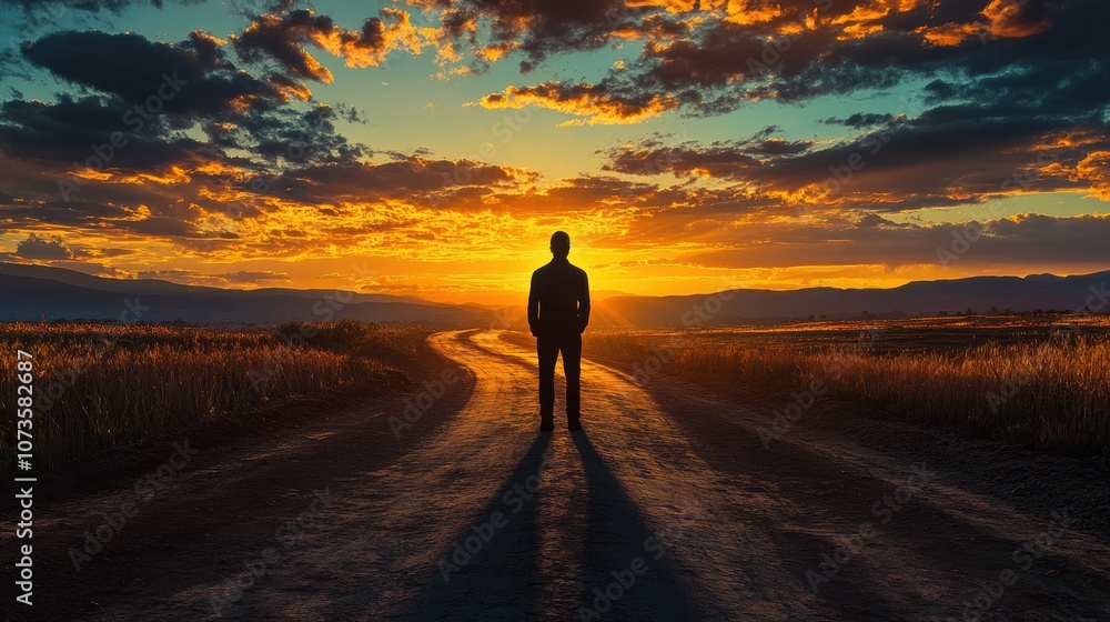 Silhouette of Man Walking Towards the Sunset on a Country Road Silhouette of Man Walking Towards the Sunset on a Country Road