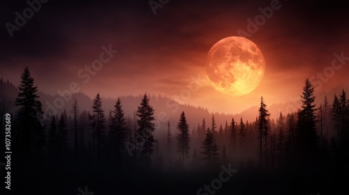 Fototapeta Naklejka Na Ścianę i Meble -  A breathtaking landscape of a dense forest under a brilliant full moon, casting a warm glow on the towering trees, creating an enchanting nighttime scene.