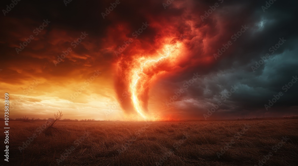 The fiery twister cuts a powerful figure against the backdrop of dusky storm clouds, representing nature’s untamed energy and dramatic force in the atmosphere. The fiery twister cuts a powerful figure against the backdrop of dusky storm clouds, representing nature’s untamed energy and dramatic force in the atmosphere.