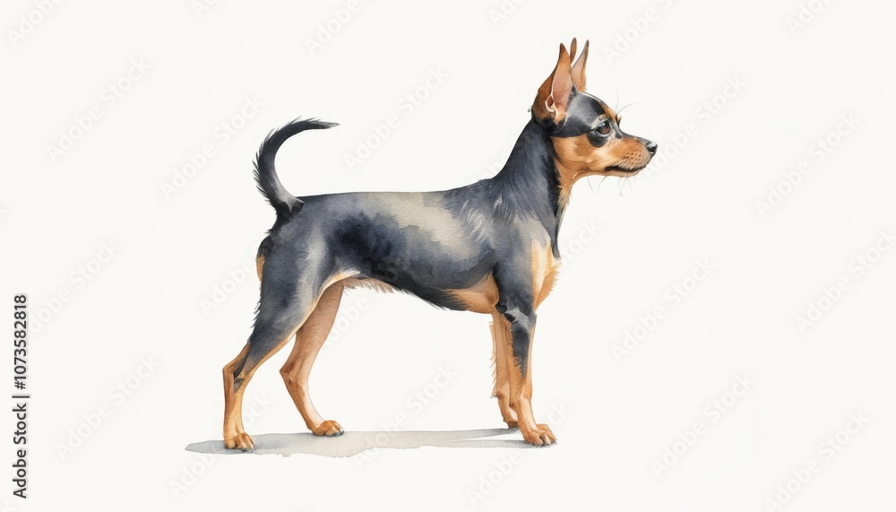 A charming watercolor sketch of a playful dog standing proudly, showcasing its sleek coat and expressive posture in a calm, artistic setting A charming watercolor sketch of a playful dog standing proudly, showcasing its sleek coat and expressive posture in a calm, artistic setting