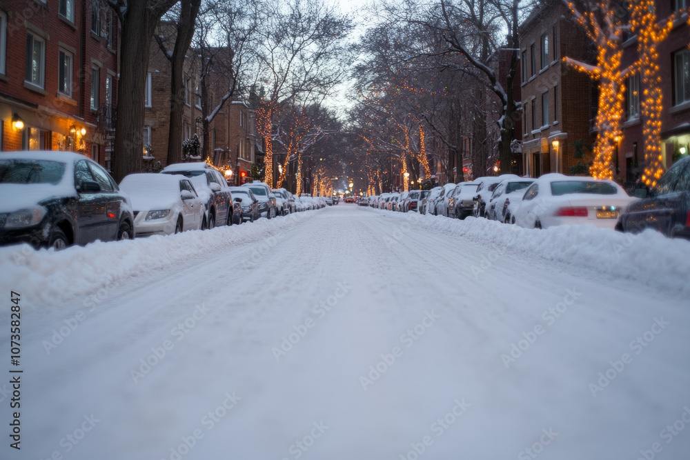 A snowy street with cars parked on both sides A snowy street with cars parked on both sides